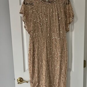 Adrianna Papell Gold Sequin Dress with Flutter Sleeves